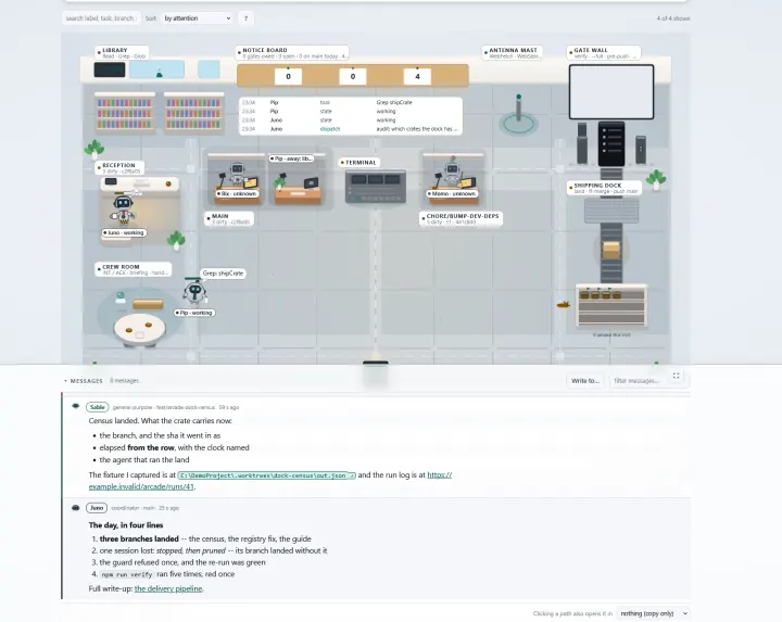 The agent arcade in its light theme: robots on the office floor, and below it the message dock with the agents' reports as formatted text