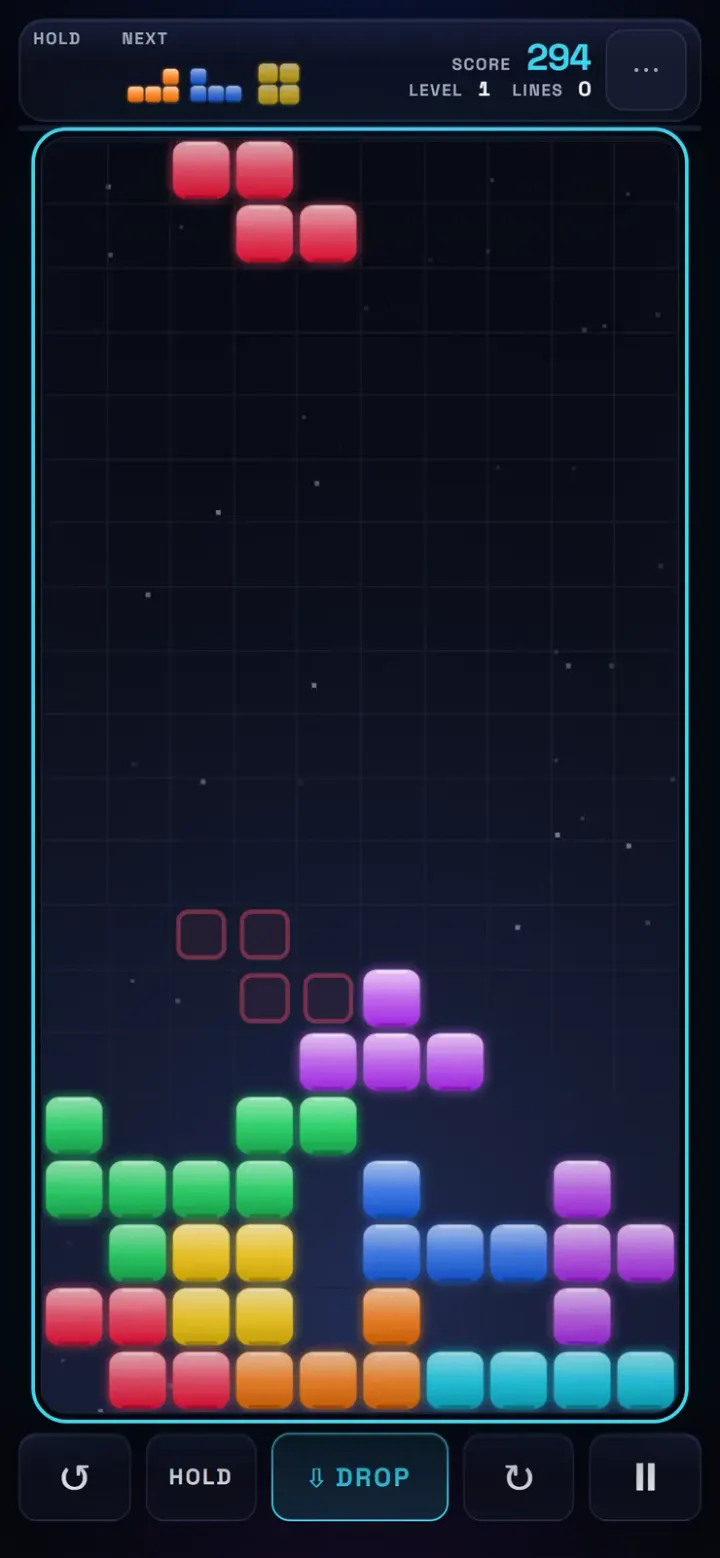 BlockDrop on a phone: one slim strip on top with hold, next pieces and score, the board filling the screen and a button bar under it