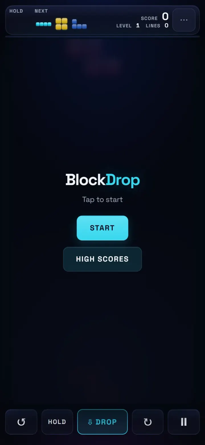 The BlockDrop start card on a phone with Start and High scores buttons