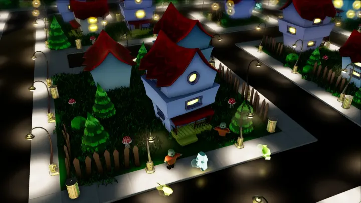 Elevated view of the neighbourhood blocks at night, with zombies, a ghost and wrapped sweets on the pavement in front of a house