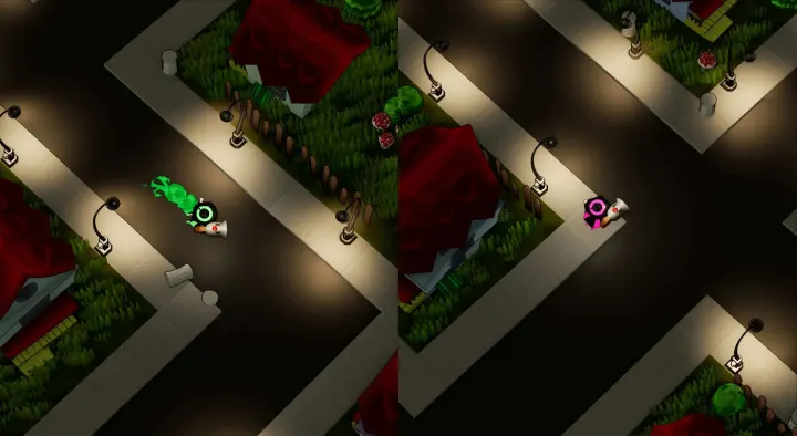 Split-screen gameplay: the green and the pink witch, each with an egg launcher, walk down lamp-lit streets between houses