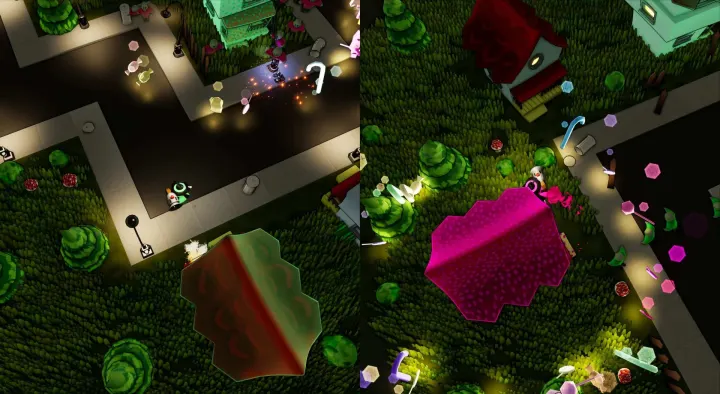 Split-screen gameplay: candy and sparks fly around the green witch on a street; on the right the pink witch stands next to a house painted pink with dots