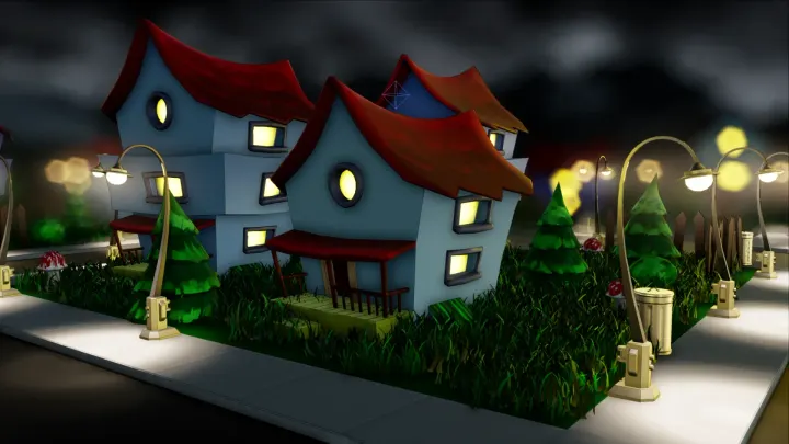 Close-up of the neighbourhood at night: crooked blue houses with red roofs and lit windows, fir trees, toadstools and curved street lamps
