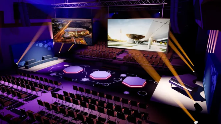 Arena setup: three glowing hexagonal podiums on the floor, seating on two sides, a grand piano and moving-head spotlights