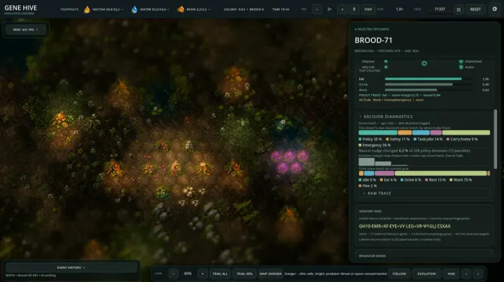 Zoomed-out view of the colony on the hex map with the danger overlay, next to a selected insect's decision diagnostics, time spent per goal and genome sign