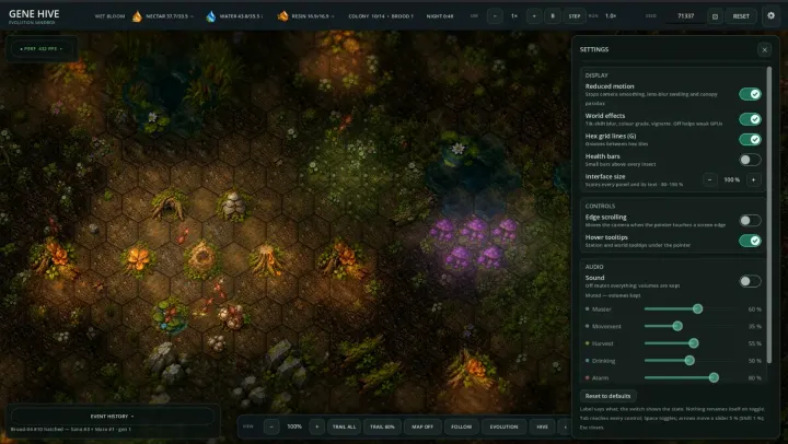 The hex world with grid lines at night and the settings panel open: reduced motion, world effects, hex grid lines, health bars, interface size, controls and audio volumes