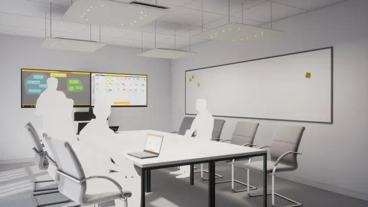 Meeting room with a dual display, a whiteboard and acoustic ceiling panels