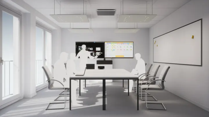 Front view of the meeting room: presenter at the displays, participants around the table