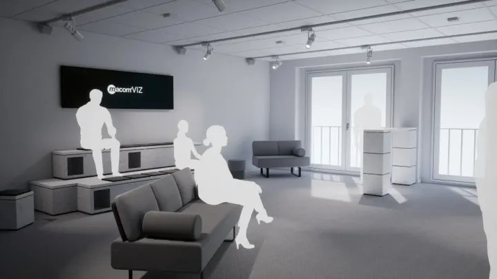 Showroom lounge with seating steps, sofas and a macomVIZ screen in daylight
