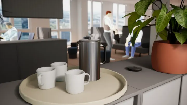 Close-up of a tray with a French press and three mugs on a sideboard, with a potted plant and people in a lounge area blurred in the background