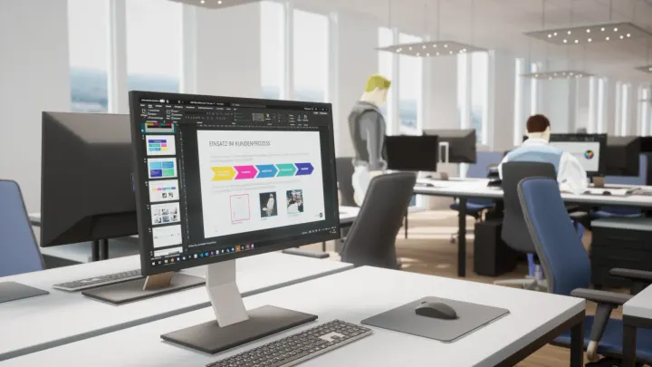 A desk with a monitor showing a presentation, in an open-plan office with animated people at other workstations
