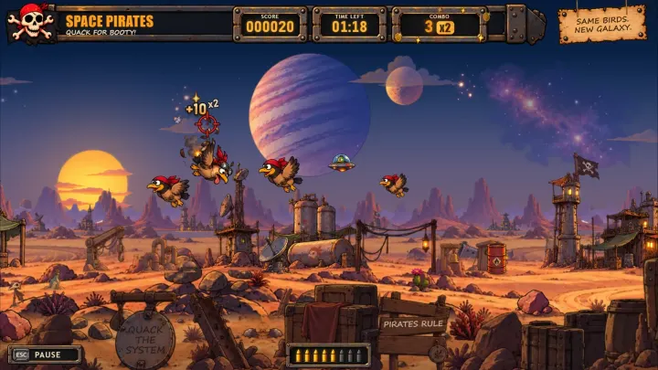 Gameplay: a jetpack bird explodes under the crosshair for +10 at a x2 combo, with more pirate birds and a tourist saucer over the desert