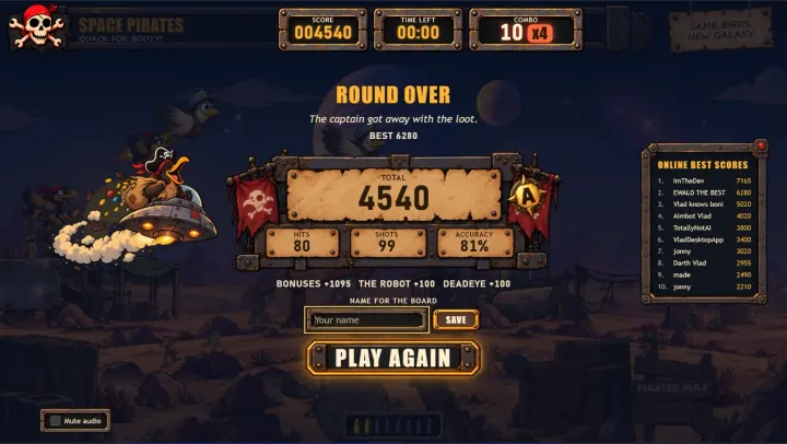 Results screen: total of 4540 points with an A rank, hits, shots and accuracy, bonus feats, and the online top-ten board