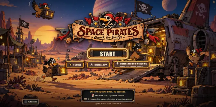 Title screen: the Space Pirates banner over the key art, with Start, Scores, Install app and Download for Windows buttons and a short how-to-play box