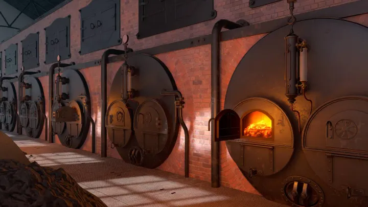 Row of boilers set into a brick wall, one firebox open and glowing