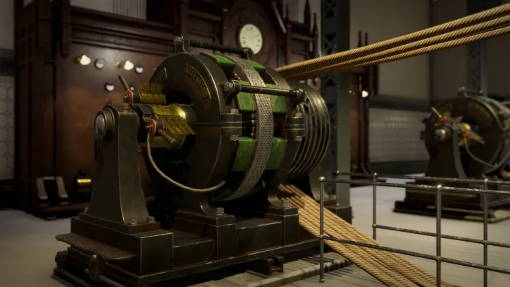 Close-up of a dynamo with green coils and brass details
