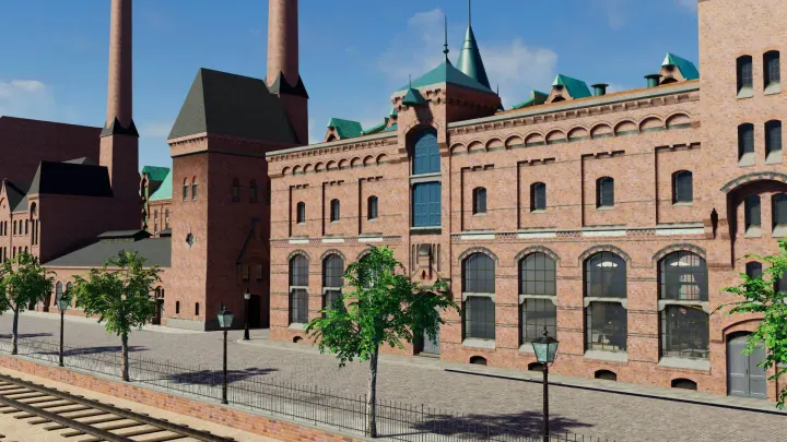 Red-brick buildings with chimneys and green copper roofs along a cobbled street
