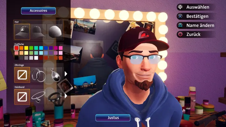 Character creator in front of a make-up mirror, with hat, hat colour, earring and necklace options