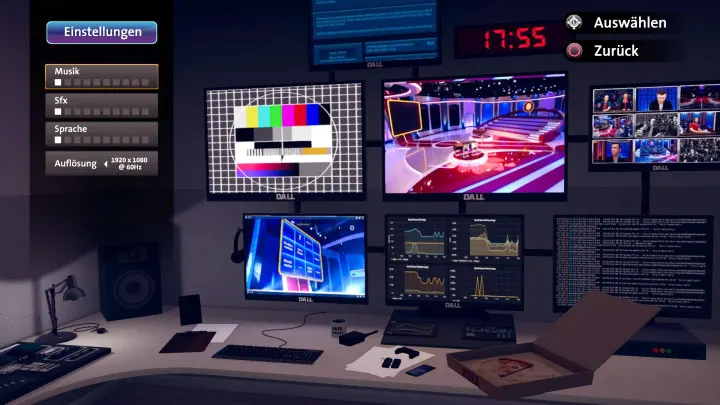 Settings menu set in a TV control room with monitors showing the studio and a test card