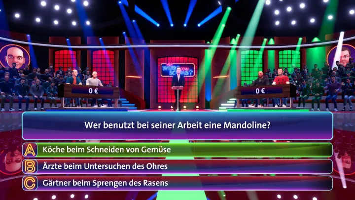 Question round with three answers on screen, red and green stage lighting for the two teams