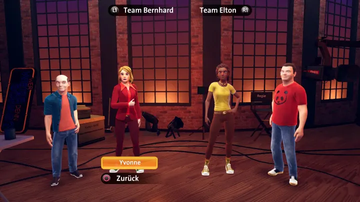 Four toon-shaded characters standing in a brick backstage area, choosing between Team Bernhard and Team Elton