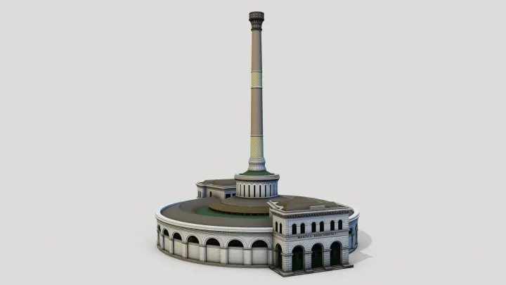 3D model of a round historic building with a tall chimney, labelled Wasch u. Bade-Anstalt