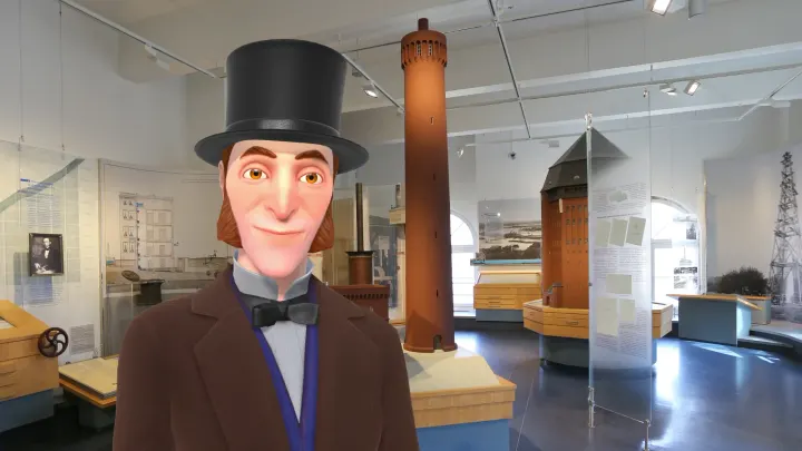 The Lindley character in an exhibition room with models of a water tower and historic buildings